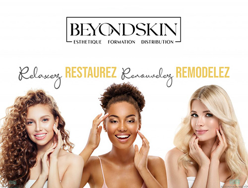 The picture features three beautiful girls: one with curly hair, another a black girl with natural afro hair tied in a ponytail, and a blonde girl with long hair. The text 'BeyondSkin MediSpa' is written in all caps at the top of the image